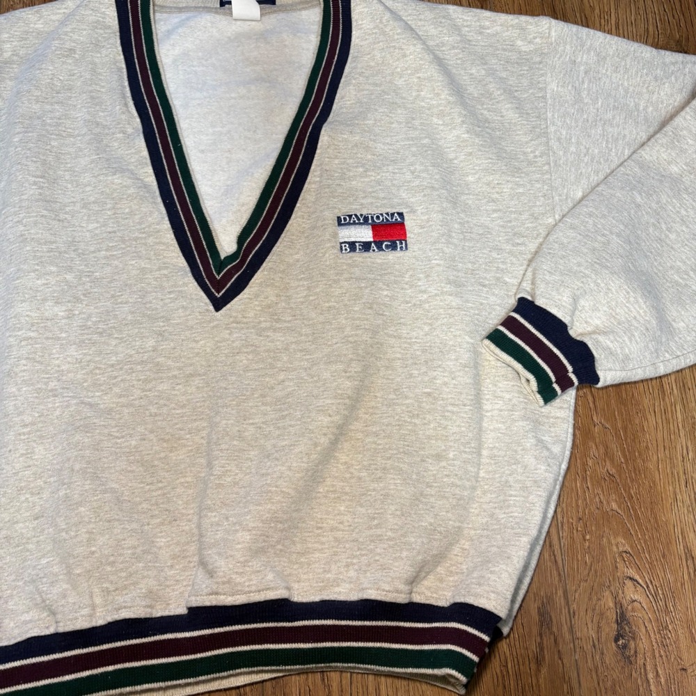 VTG‎ 90s Daytona Beach V-Neck Sweatshirt Mens L USA Made Retro LA Loving Gray - Picture 5 of 8